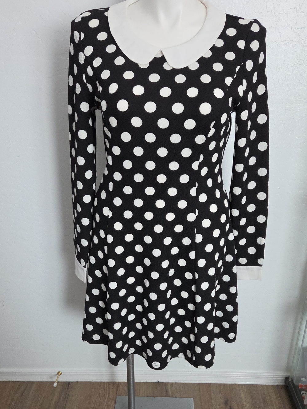 Allegra K Black and White Polka Dot Long Sleeve Dress with Peter Pan Collar